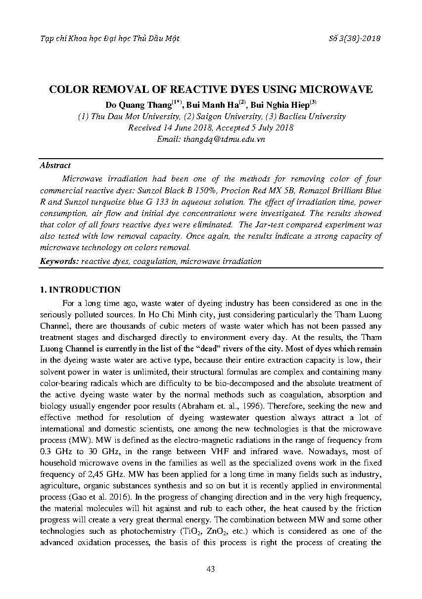 Color removal of reactive dyes using microwave