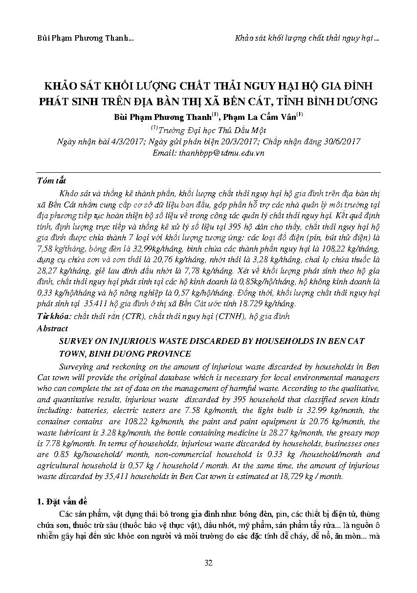 Khảo sát khối lượng chất thải nguy hại hộ gia đình phát sinh trên địa bàn thị xã Bến Cát, tỉnh Bình Dương