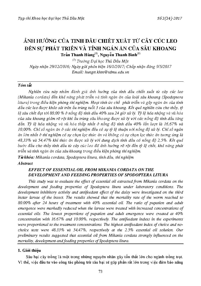 Ảnh hưởng của tinh dầu chiết xuất từ cây cúc leo đến sự phát triển và tính ngán ăn của sâu khoang