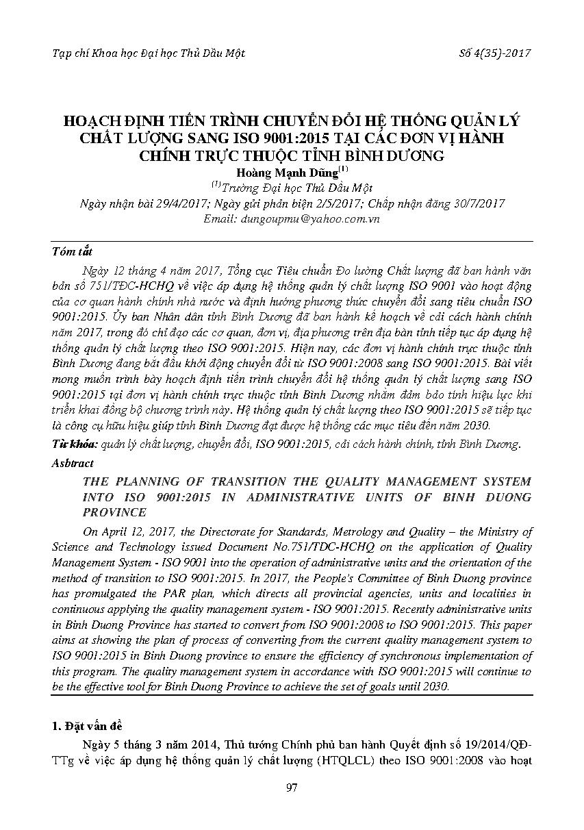 Hoạch định tiến trình cuyển đổi hệ thống quản lý chất lượng sang ISO 9001:2015 tại các đơn vị hành chính trực thuộc tỉnh Bình Dương