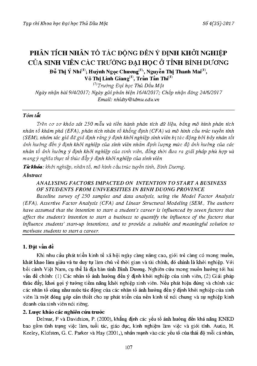 Phân tích nhân tố tác động đến ý định khởi nghiệp của sinh viên các trường đại học ở tỉnh Bình Dương