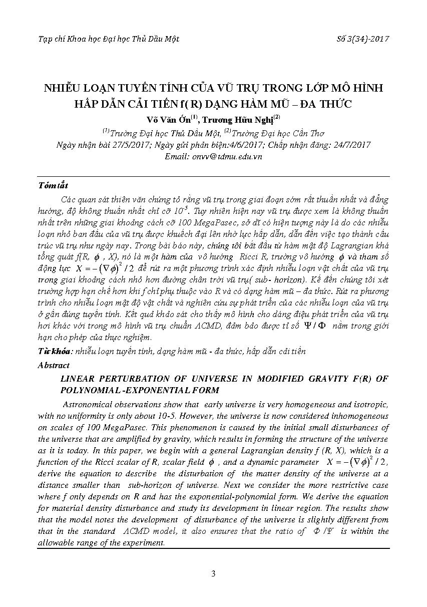 Nhiễu loạn tuyến tính của vũ trụ trong lớp mô hình hấp dẫn cải tiến f(R) dạng hàm mũ - đa thức