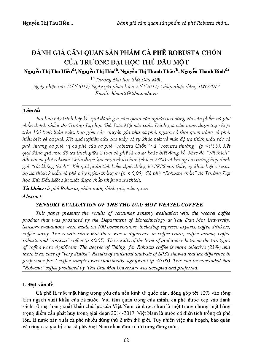 Đánh giá cảm quan sản phẩm cà phê robusta chồn của trường Đại học Thủ Dầu Một