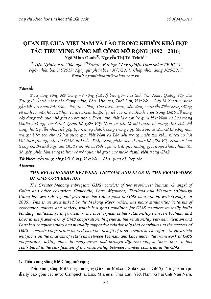 Quan hệ giữa Việt nam và Lào trong khuôn khổ hợp tác tiểu vùng sông Mê Công mở rộng (1992-2016)