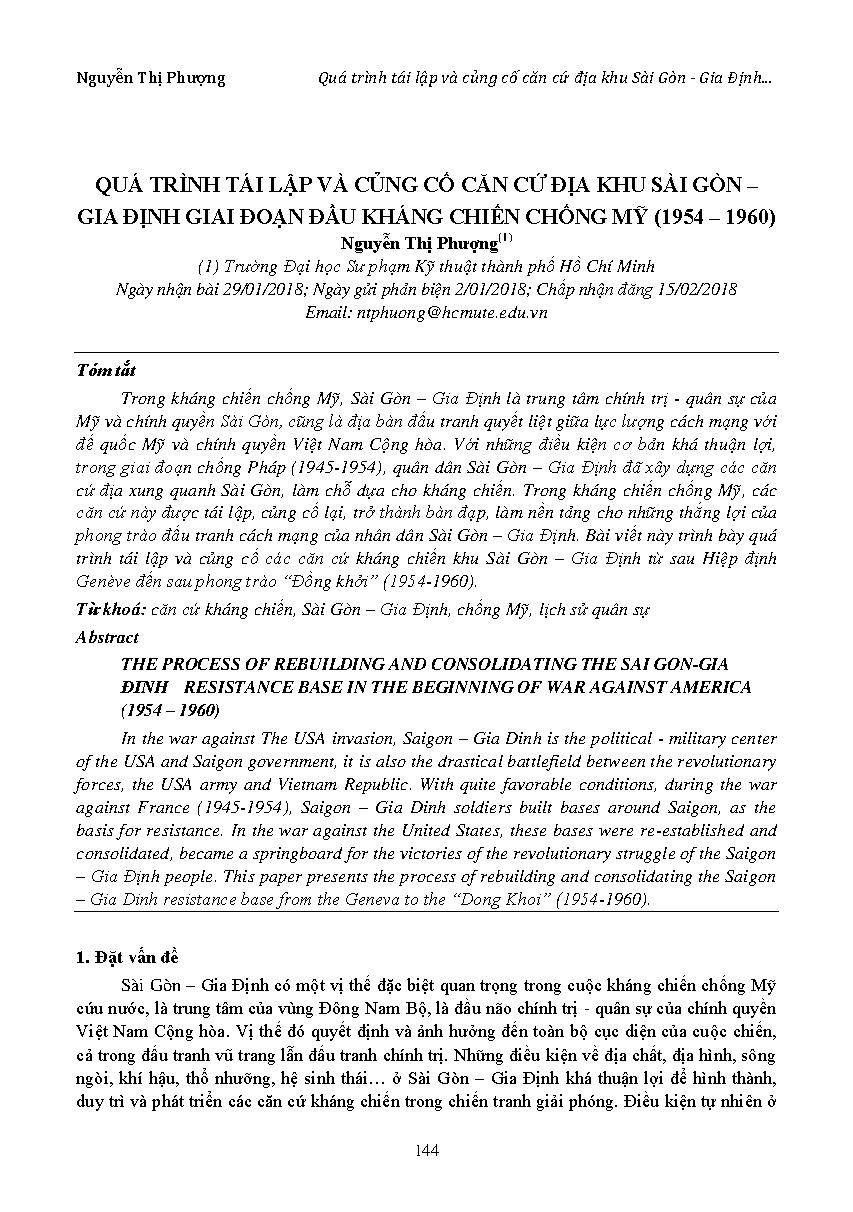 Quá trình tái lập và củng cố căn cứ địa khu Sài Gòn - Gia Định giai đoạn đầu kháng chiến chống Mỹ (1954-1960)
