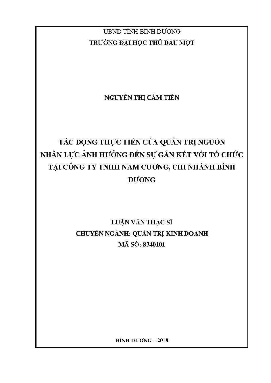 Tác động thực tiễn của quản trị nguồn nhân lực ảnh hưởng đến sự gắn kết với tổ chức tại công ty TNHH Nam Cương, chi nhánh Bình Dương