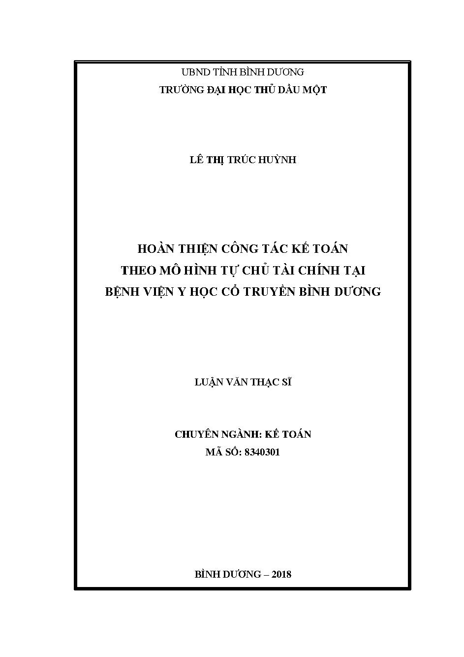 Hoàn thiện công tác kế toán theo mô hình tự chủ tài chính tại bệnh viện Y học cổ truyền Bình Dương