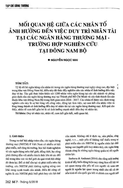 Mối quan hệ giữa các nhân tố ảnh hưởng đến việc duy trì nhân tài tại các ngân hàng thương mại - trường hợp nghiên cứu tại Đông Nam Bộ