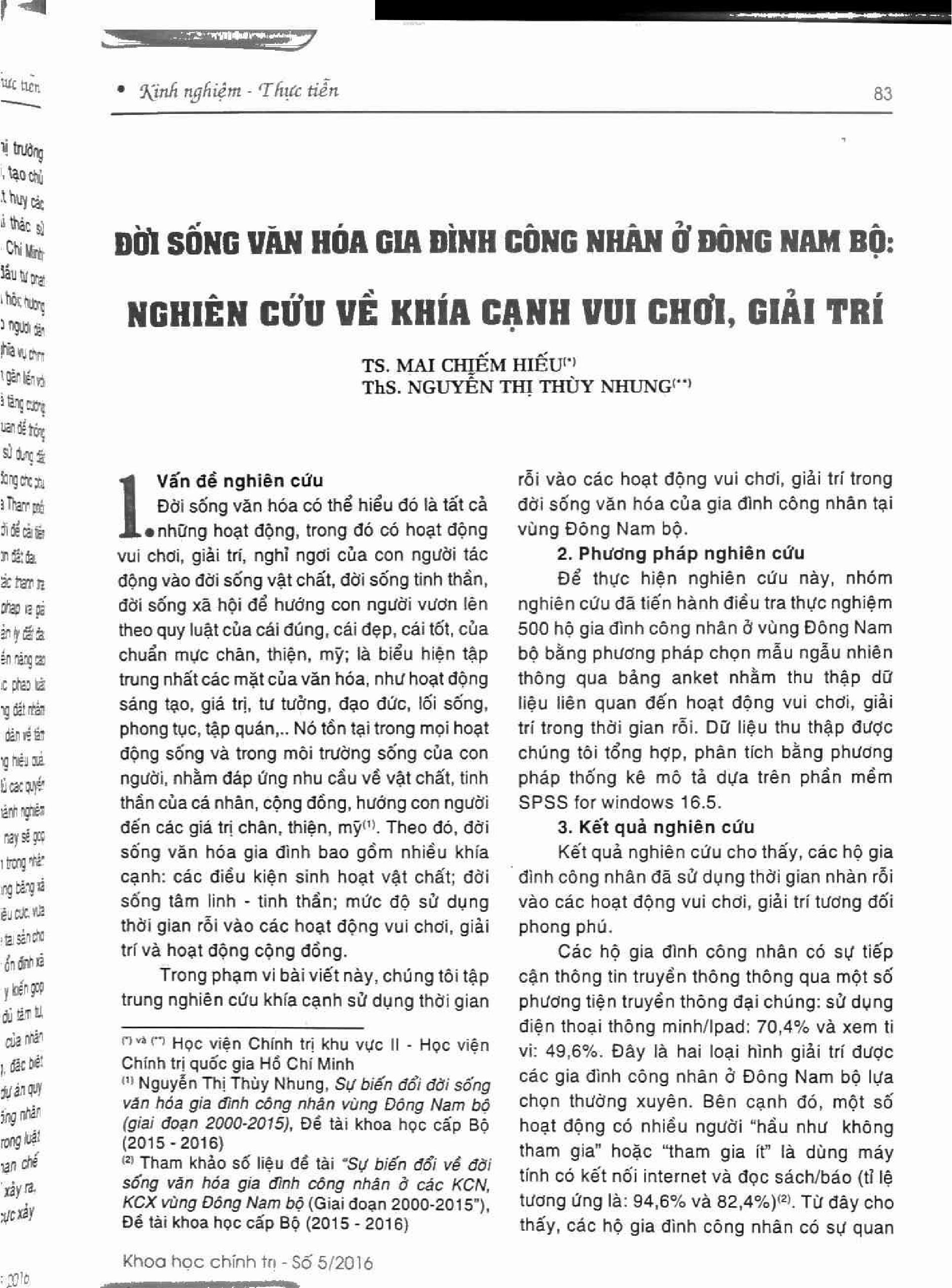 Đời sống văn hóa gia đình công nhân ở Đông Nam Bộ: Nghiên cứu về khía cạnh vui chơi giải trí