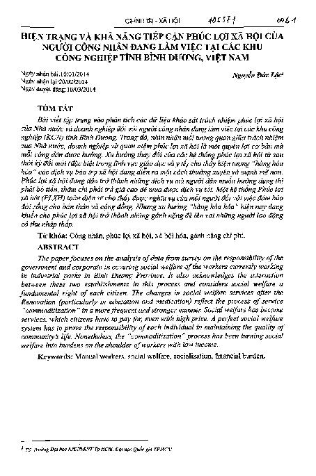 Hiện trạng và khả năng tiếp cận phúc lợi xã hội của người công nhân đang làm việc tại các khu công nghiệp tỉnh Bình Dương, Việt Nam