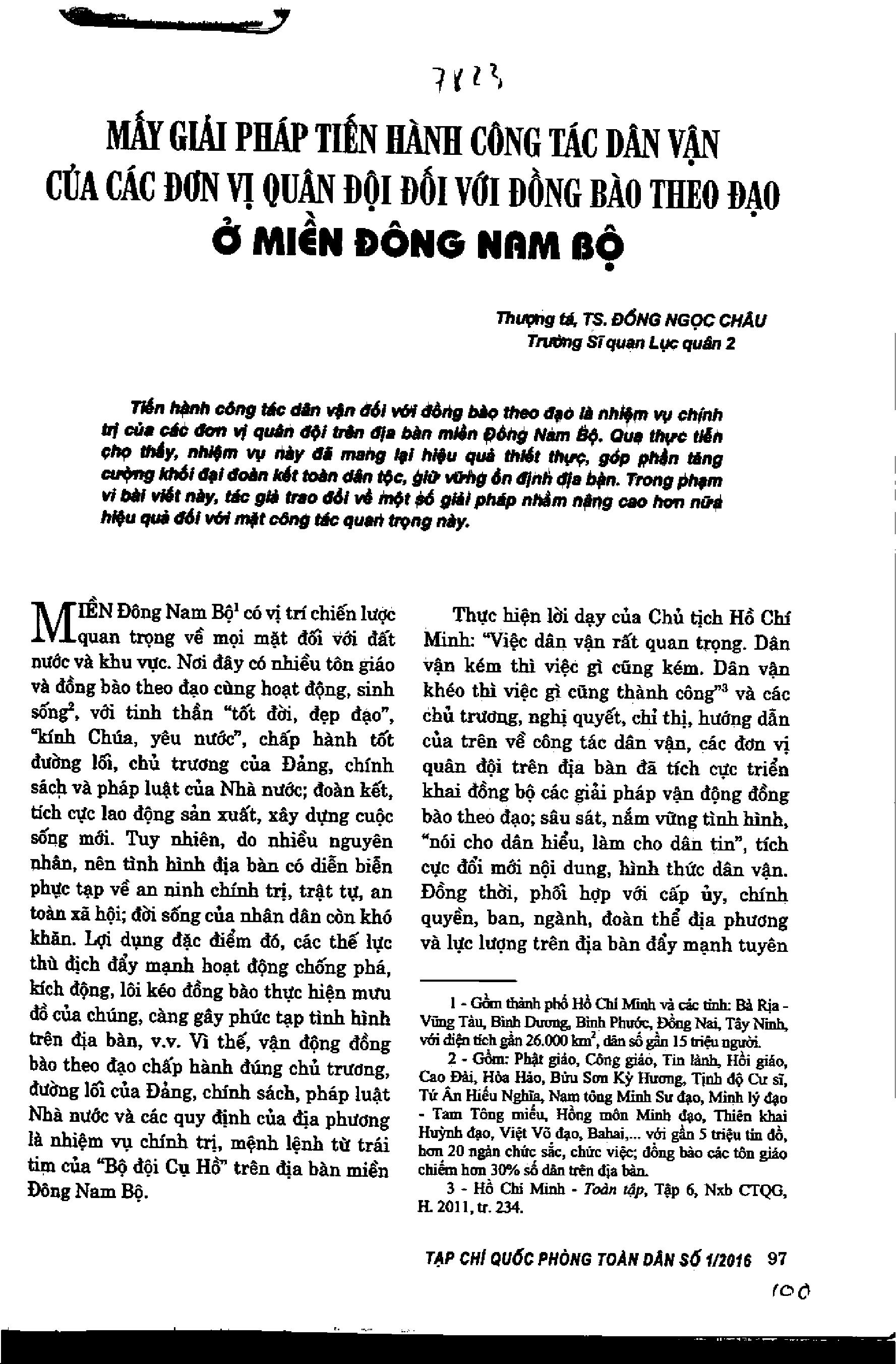 Mấy giải pháp tiến hành công tác dân vận của các đơn vị quân đội đối với đồng bào theo đạo ở miền Đông Nam Bộ