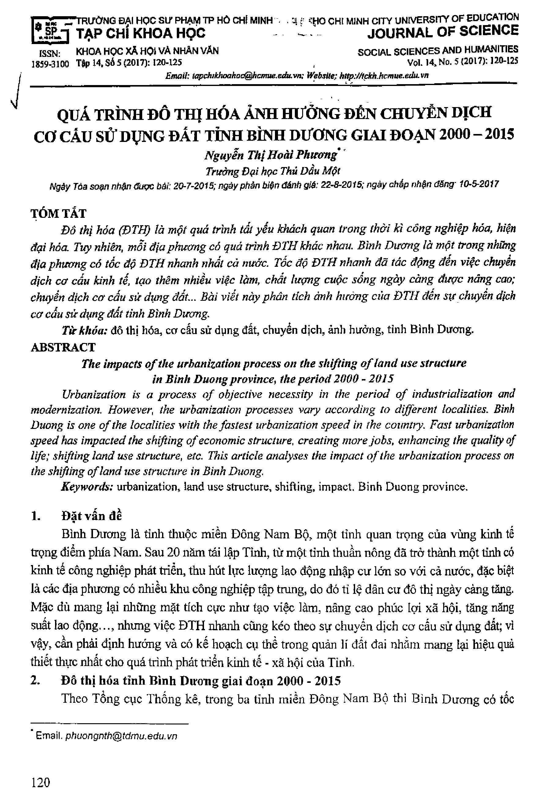 Quá trình đô thị hóa ảnh hưởng tới chuyển dịch cơ cấu sử dụng đất tỉnh Bình Dương giai đoạn 2000 - 2015