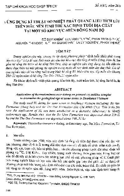 Ứng dụng kĩ thuật đo nhiệt phát quang liều tích lũy trên mẫu nén tinh thể xác định tuổi địa chất tại một số khu vực miền Đông Nam Bộ