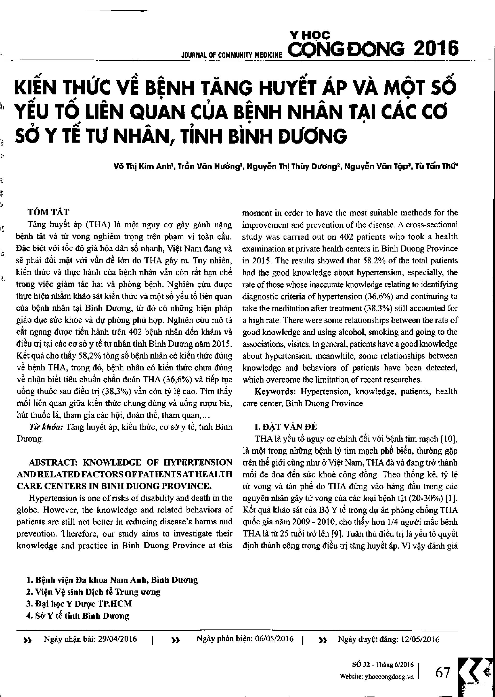 Kiến thức về bệnh tăng huyết áp và một số yếu tố liên quan của bệnh nhân tại các cơ sở y tế tư nhân, tỉnh Bình Dương