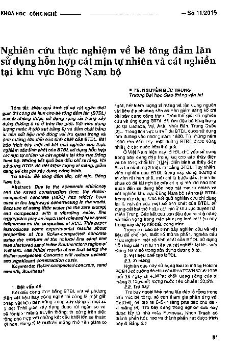 Nghiên cứu thực nghiệm về bê tông đầm lăn sử dụng hỗn hợp cát mịn tự nhiên và cát nghiền tại khu vực Đông Nam Bộ