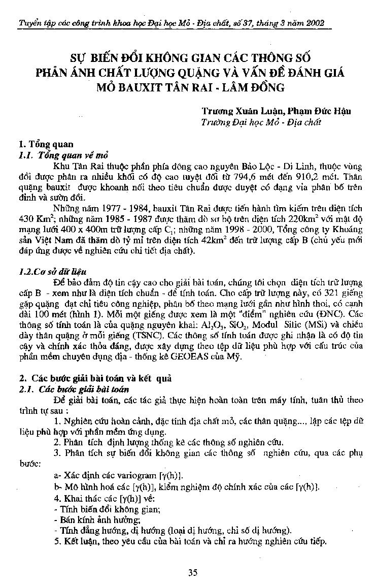 Sự biến đổi không gian các thông số phản ánh chất lượng quặng và vấn đề đánh giá mỏ Bauxit Tân Rai - Lâm Đồng
