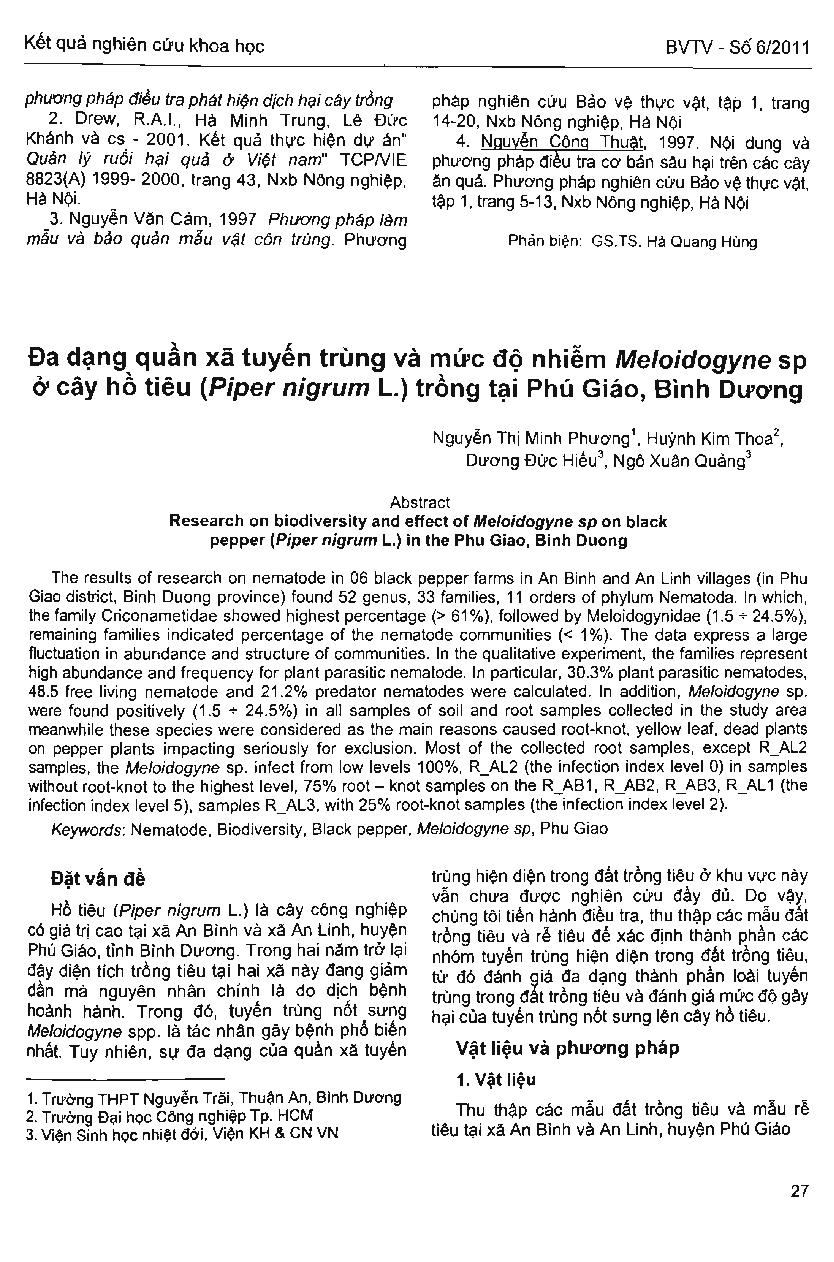 Đa dạng quần xã tuyến trùng và mức độ nhiễm meloidogyne sp ở cây hồ tiêu (Piper nigrum L.) trồng tại Phú Giáo, Bình Dương