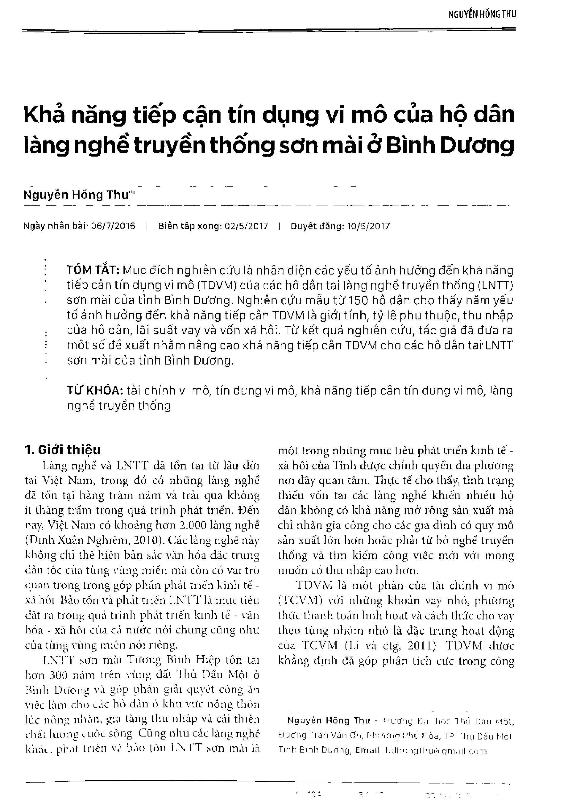 Khả năng tiếp cận tín dụng vi mô của hộ dân làng nghề truyền thống sơn mài ở Bình Dương