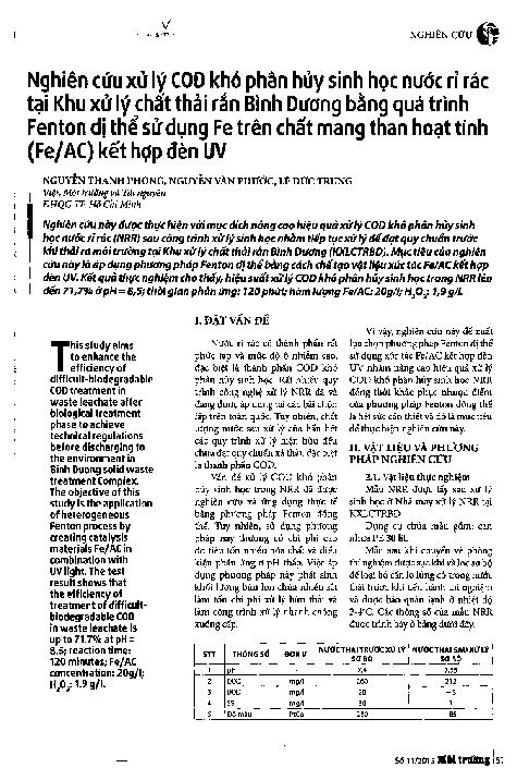 Nghiên cứu xử lý COD khó phân hủy sinh học nước rỉ rác tại khu xử lý chất thải rắn Bình Dương bằng quá trình Fenton dị thể sử dụng Fe trên chất mang than hoạt tính (Fe/Ac) kết hợp đèn UV