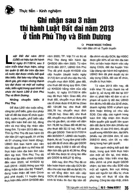 Ghi nhận sau 3 năm thi hành luật Đất đai năm 2013 ở tỉnh Phú Thọ và Bình Dương