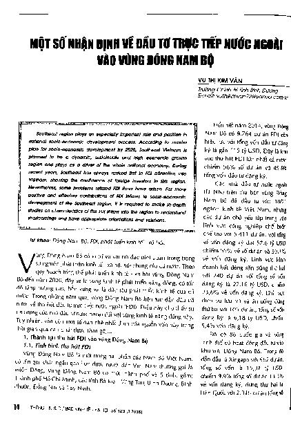 Một số nhận định về đầu tư trực tiếp nước ngoài vào vùng Đông Nam Bộ