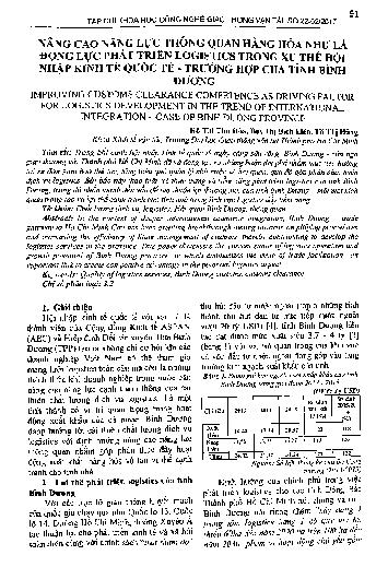 Nâng cao năng lực thông quan hàng hóa như là động lực phát triển logistics  trong xu thế hội nhập kinh tế quốc tế - Trường hợp của tỉnh Bình Dương