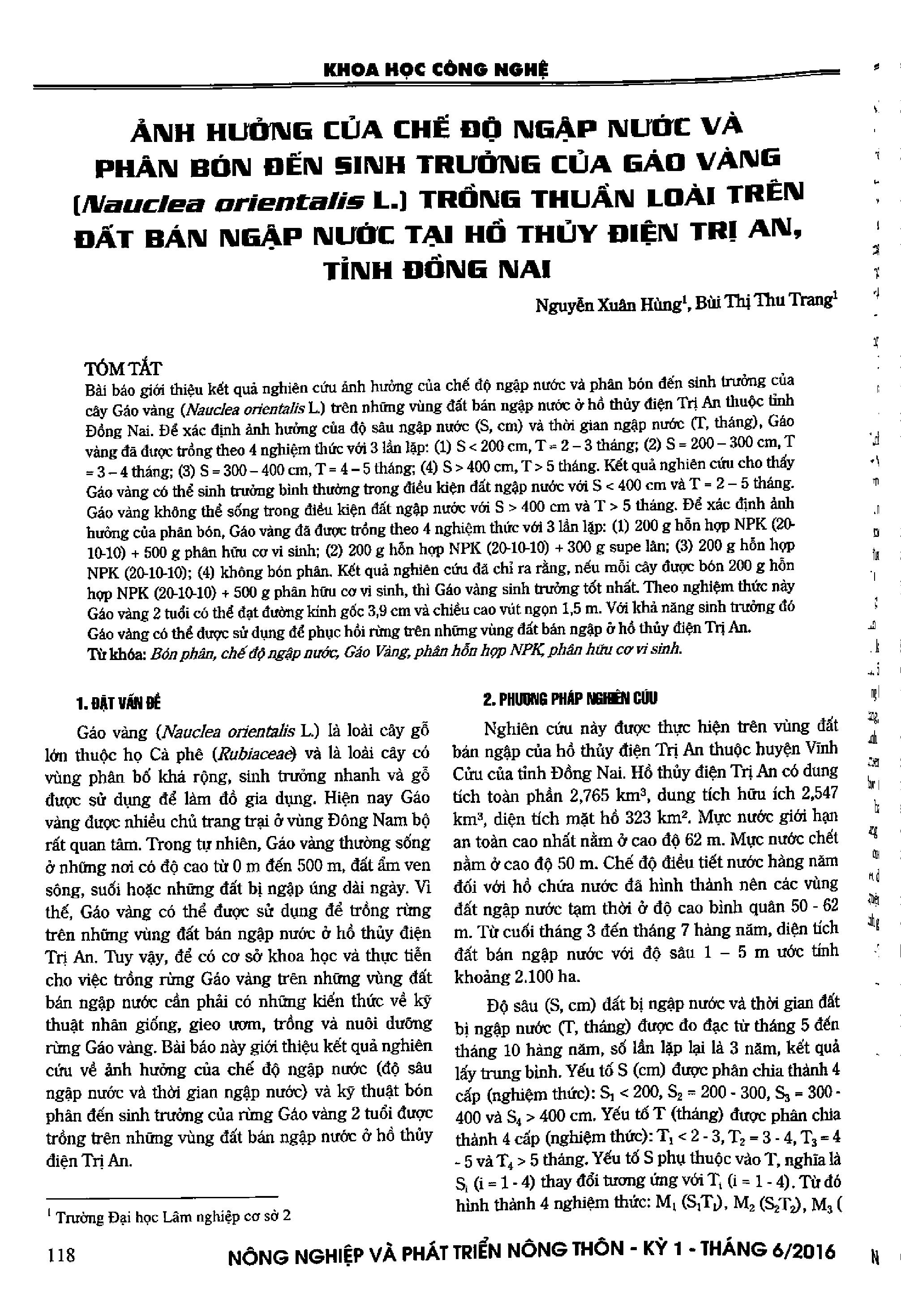Ảnh hưởng của chế độ ngập nước và phân bón đến sinh trưởng của cây gáo vàng (Nauclea orientalis L.) trồng thuần loài trên đất bán ngập nước tại hồ thủy điện Trị An, tỉnh Đồng Nai