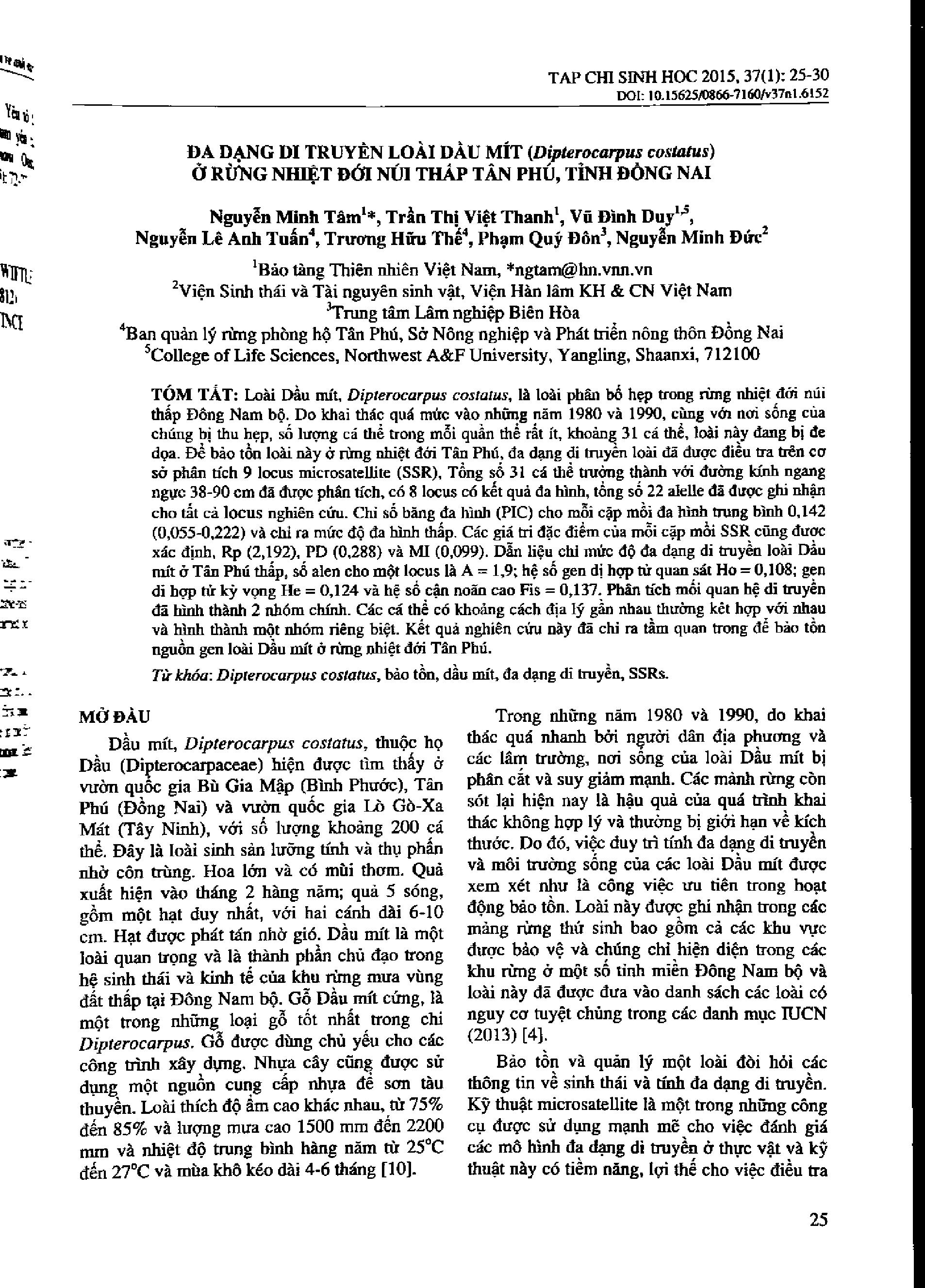 Đa dạng di truyền loài dầu mít (Dipterocarrpus costatus) ở rừng nhiệt đới núi thấp Tân Phú, tỉnh Đồng Nai