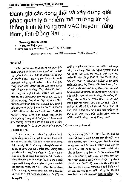 Đánh giá các dòng thải và xây dựng giải pháp quản lý ô nhiễm môi trường từ hệ thống kinh tế trang trại VAC  huyện Trảng Bom, tỉnh Đồng Nai