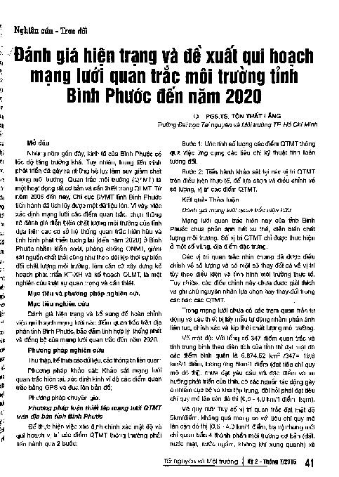 Đánh giá hiện trạng và đề xuất qui hoạch mạng lưới quan trắc môi trường tỉnh Bình Phước đến năm 2020