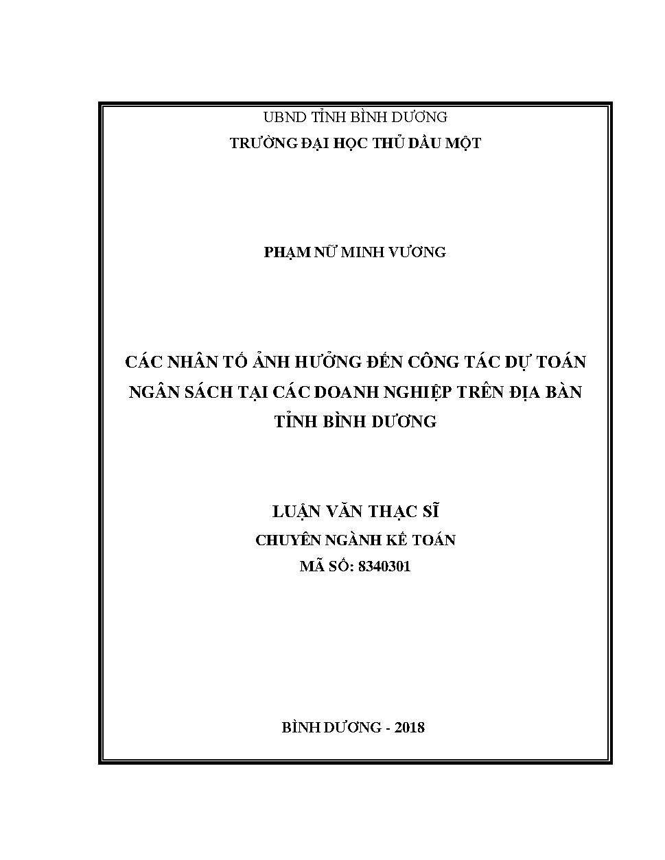 Các yếu tố ảnh hưởng đến công tác dự toán ngân sách tại các doanh nghiệp trên địa bàn tỉnh Bình Dương