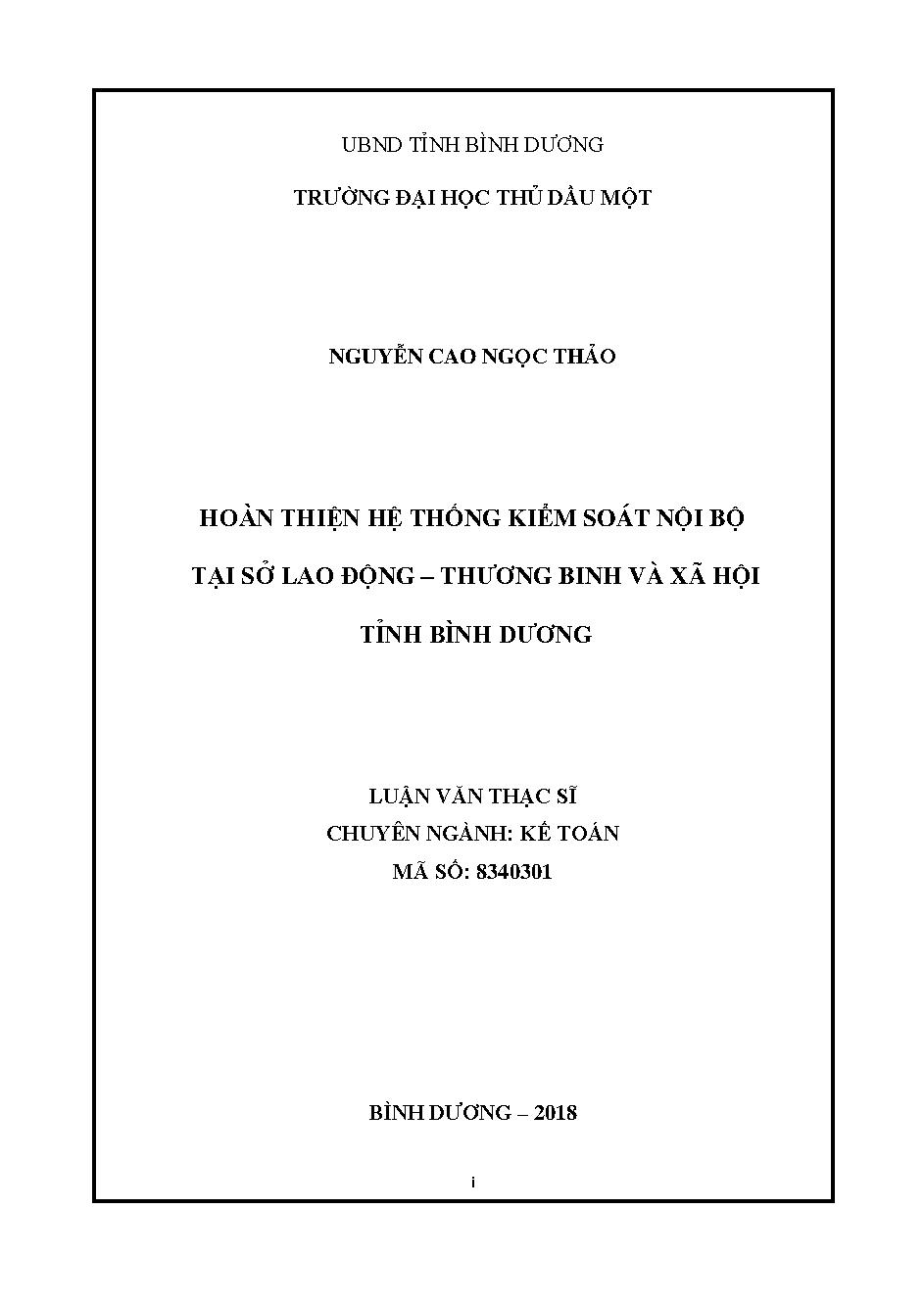 Hoàn thiện hệ thống kiểm soát nội bộ tại sở Lao động - Thương binh và xã hội tỉnh Bình Dương