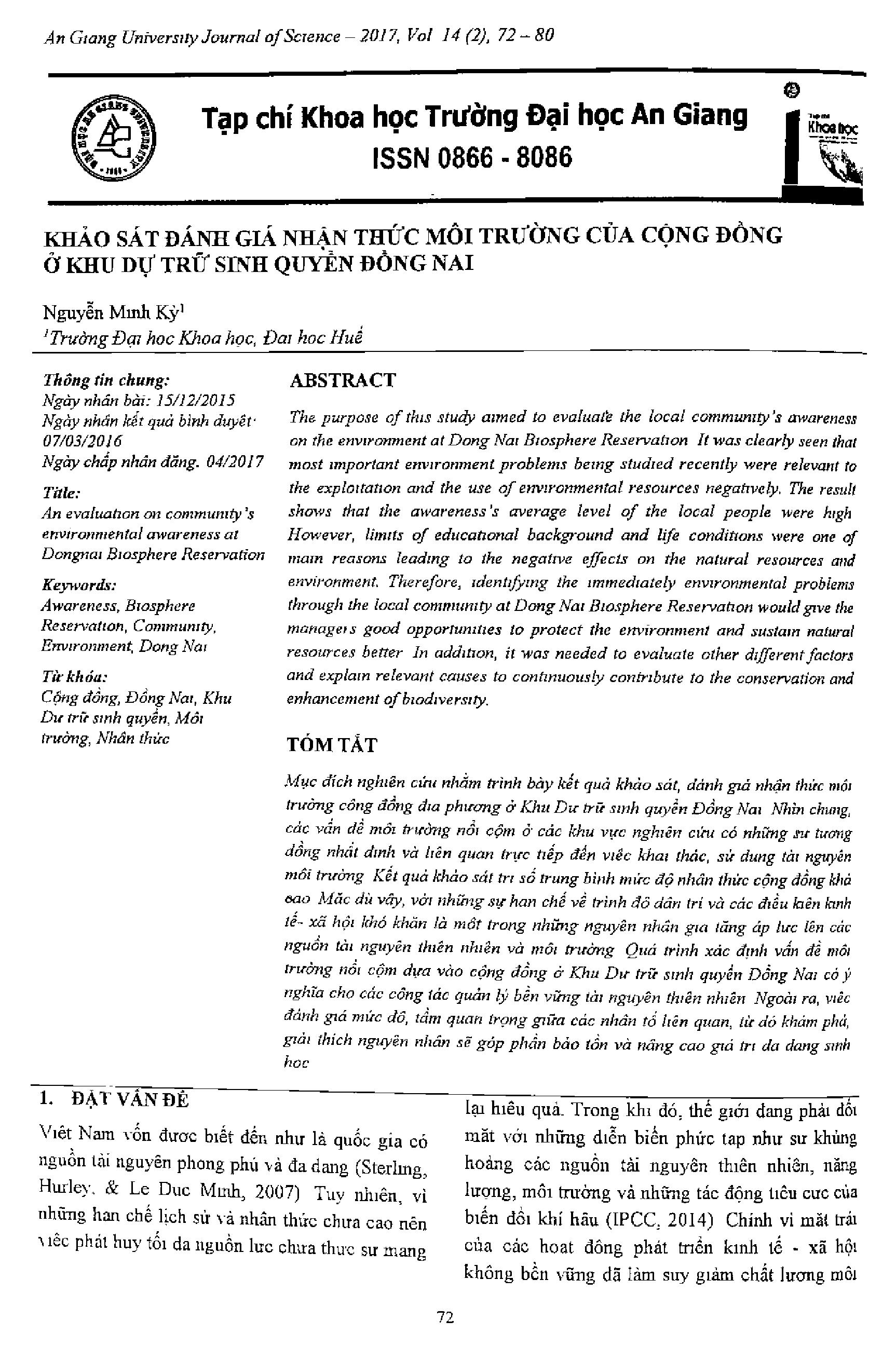 Khảo sát đánh giá nhận thức môi trường của cộng đồng ở khu dự trữ sinh quyển Đồng Nai