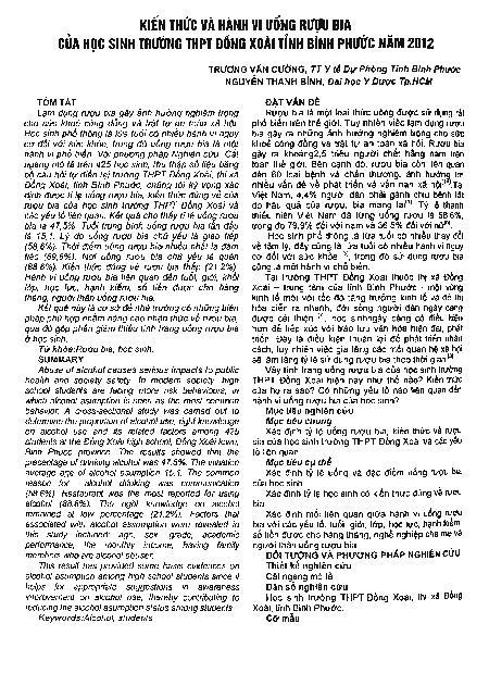 Kiến thức và hành vi uống rượu bia của học sinh trường THPT Đồng Xoài tỉnh Bình Phước năm 2012