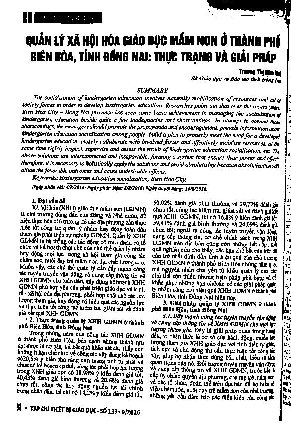 Quản lý xã hội hóa giáo dục mầm non ở thành phố Biên Hòa, tỉnh Đồng Nai: Thực trạng và giải pháp
