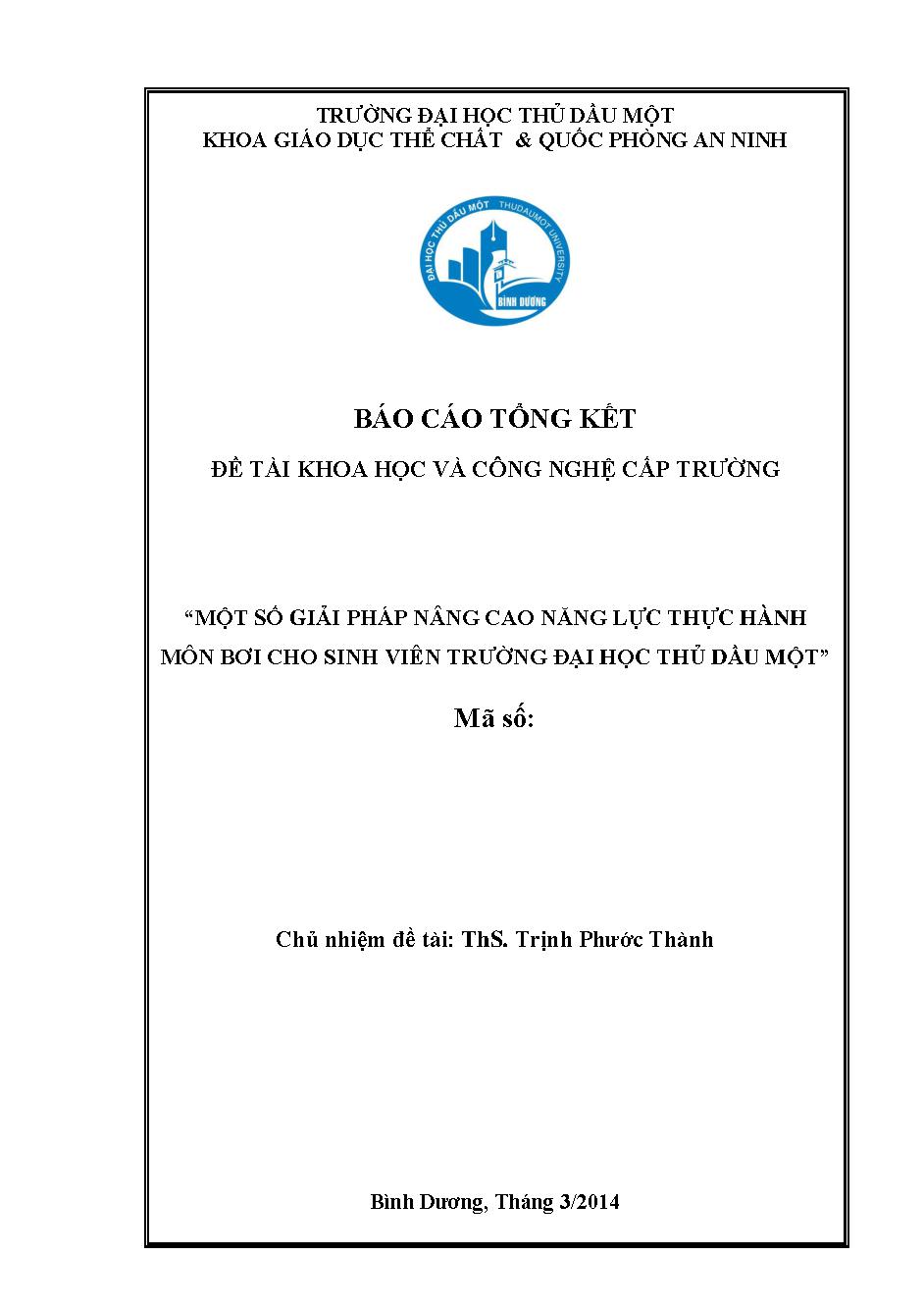 Một số giải pháp nâng cao năng lực thực hành môn bơi cho sinh viên trường Đại học Thủ Dầu Một