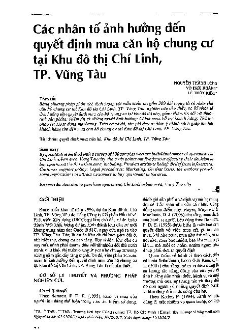 Các nhân tố ảnh hưởng đến quyết định mua căn hộ chung cư tại khu đô thị Chí Linh, TP. Vũng Tàu