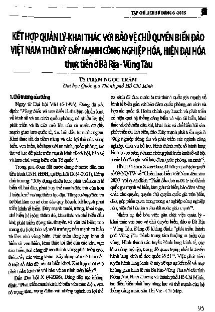 Kết hợp quản lý - khai thác với bảo vệ chủ quyền biển đảo Việt Nam thời kỳ đẩy mạnh công nghiệp hóa, hiện đại hóa thực tiễn ở Bà Rịa - Vũng Tàu
