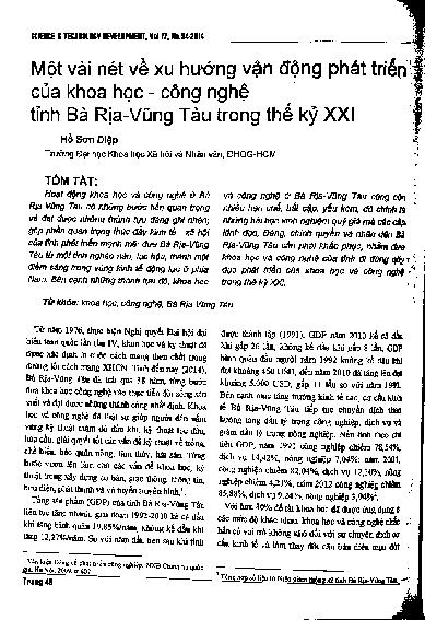 Một vài nét về xu hướng vận động phát triển của Khoa học - công nghệ tỉnh Bà Rịa - Vũng Tàu trong thế kỷ XXI