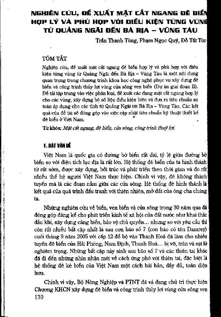 Nghiên cứu, đề xuất mặt cắt ngang đê biển hợp lý và phù hợp với điều kiện từng vùng từ Quãng Ngãi đến Bà Rịa - Vũng Tàu