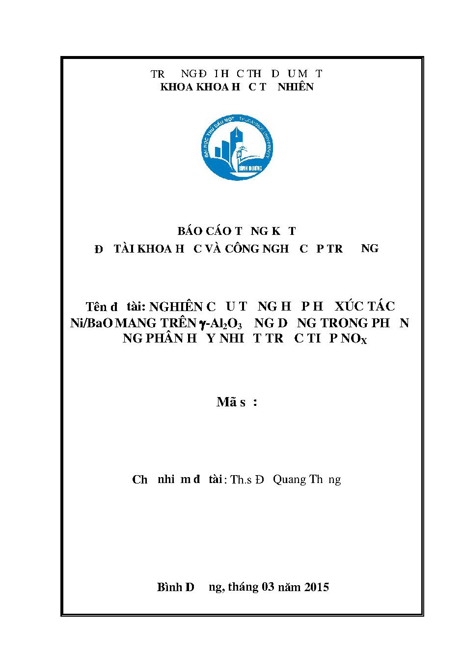 Nghiên cứu tổng hợp hệ xúc tác Ni/BaO mang trên y -Al2O3 ứng dụng trong phản ứng phân hủy nhiệt trực tiếp NOx