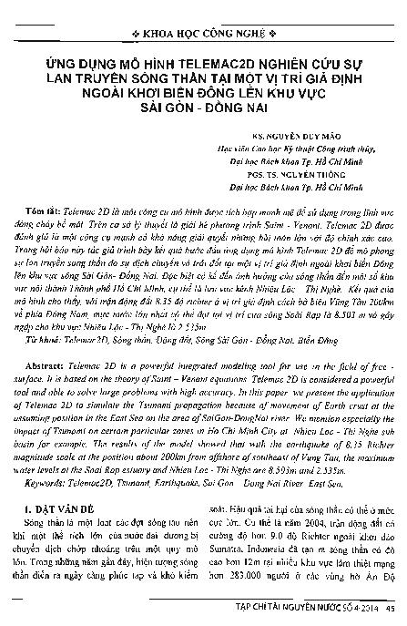 Ứng dụng mô hình Telemac 2D nghiên cứu sự lan truyền sóng thần tại một vị trí giả định ngoài khơi biển đông lên khu vực Sài Gòn - Đồng Nai