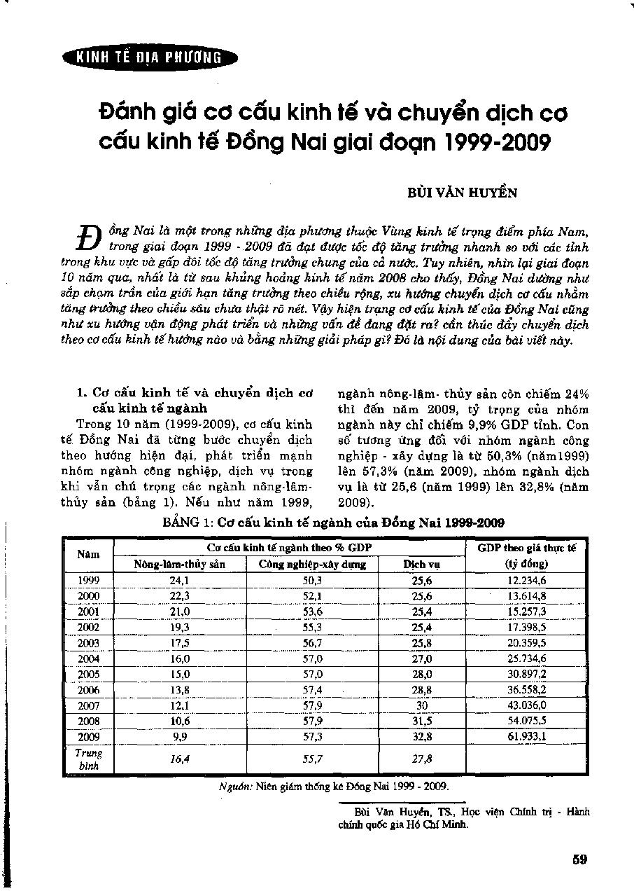 Đánh giá cơ cấu kinh tế và chuyển dịch cơ cấu kinh tế Đồng Nai giai đoạn 1999-2009