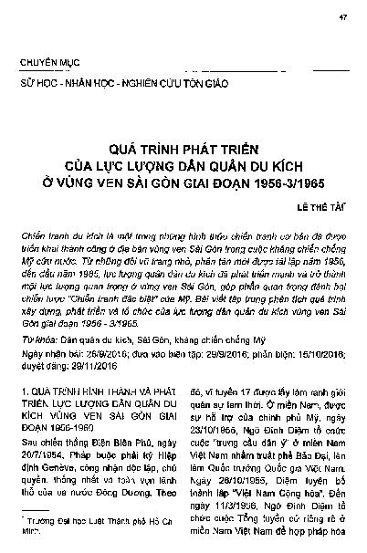 Quá trình phát triển của lực lượng dân quân du kích ở vùng ven Sài Gòn giai đoạn 1956-3/1965