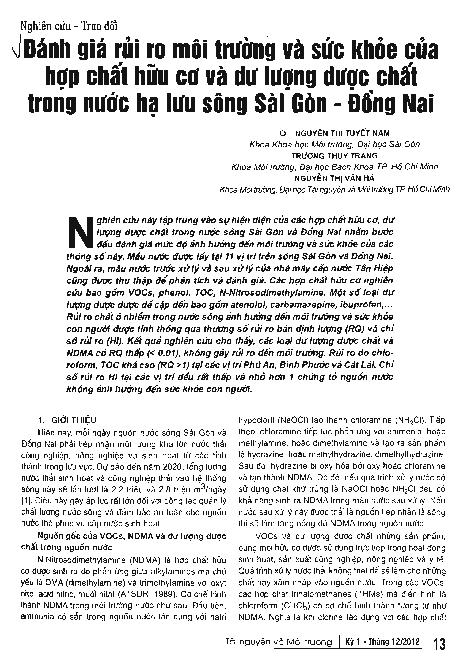 Đánh giá rủi ro môi trường và sức khỏe của hợp chất hữu cơ và dư lượng dược chất trong nước hạ lưu sông Sài Gòn - Đồng Nai