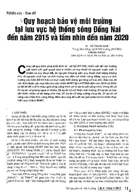 Quy hoạch bảo vệ môi trường tại lưu vực hệ thống sông Đồng Nai đến năm 2015 và tầm nhìn đến năm 2020