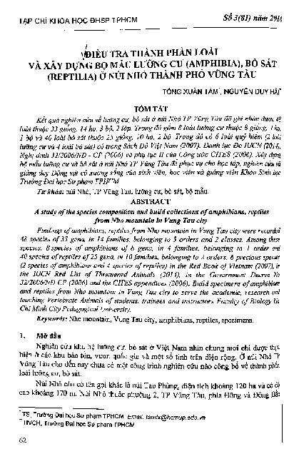 Điều tra thành phần loài và xây dựng bộ mẫu lưỡng cư (amphibia), bò sát (reptilia) ở núi nhỏ thành phố Vũng Tàu
