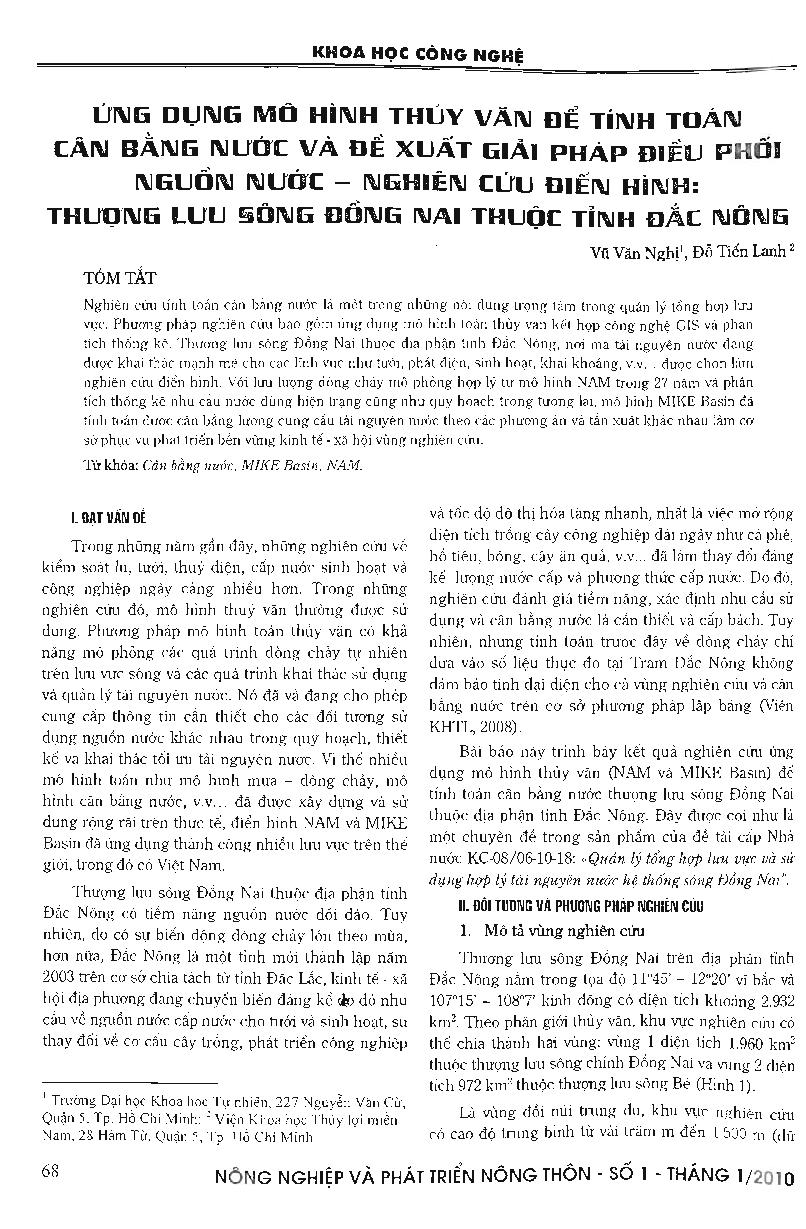Ứng dụng mô hình thủy văn để tính toán cân bằng nước và đề xuất giải pháp điều phối nguồn nước - nghiên cứu điển hình: Thượng lưu sông Đồng Nai thuộc tỉnh Đắc Nông