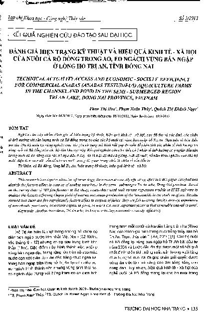 Đánh giá hiện trạng kỹ thuật và hiệu quả kinh tế - xã hội của nuôi cá rô đồng trong ao, eo ngách vùng bán ngập ở lòng hồ Trị An, tỉnh Đồng Nai =$bTechnical actuality access and economic-society efficiency  for commercial anabas (anabas testudieus) aquacul