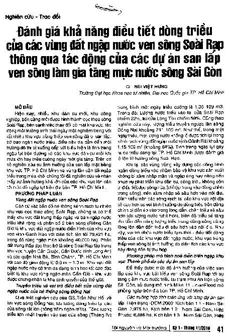 Đánh giá khả năng điều tiết dòng triều của các vùng đất ngập nước ven sông Soài Rạp thông qua tác động của các dự án san lấp ven sông làm gia tăng mực nước sông Sài Gòn